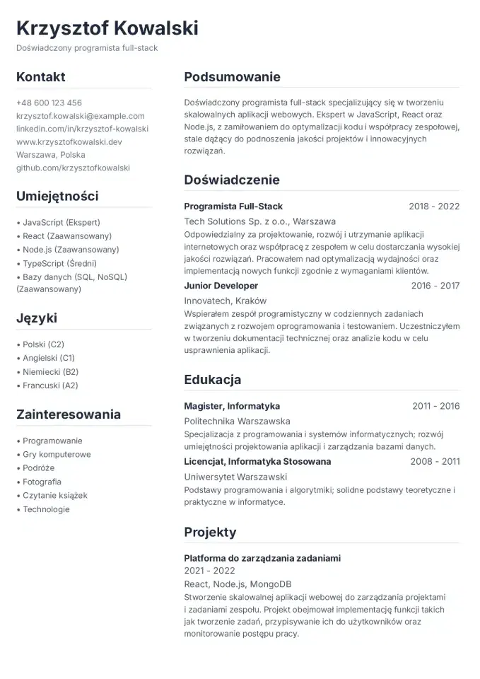 Podgląd szablonu CV - Klasyczny