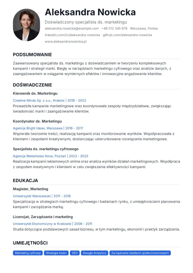 Podgląd szablonu CV - Podstawowy jednokolumnowy