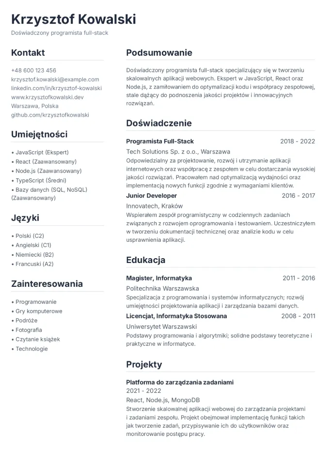 Podgląd szablonu CV - Klasyczny