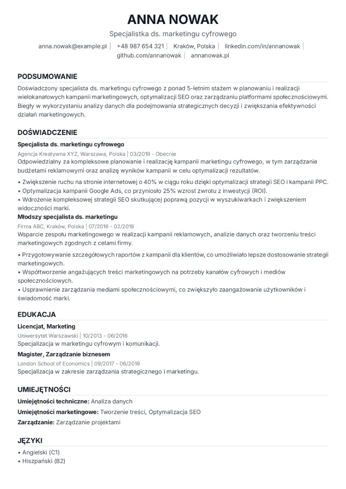 Podgląd szablonu CV - Esencja