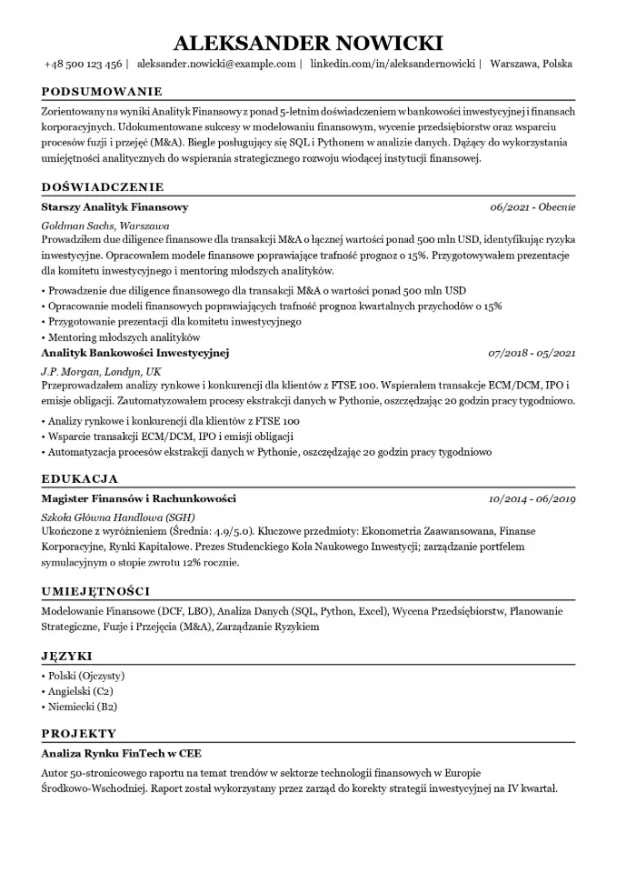 Podgląd szablonu CV - Harvard Classic