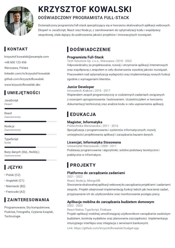 Podgląd szablonu CV - Nowoczesna Oś Czasu
